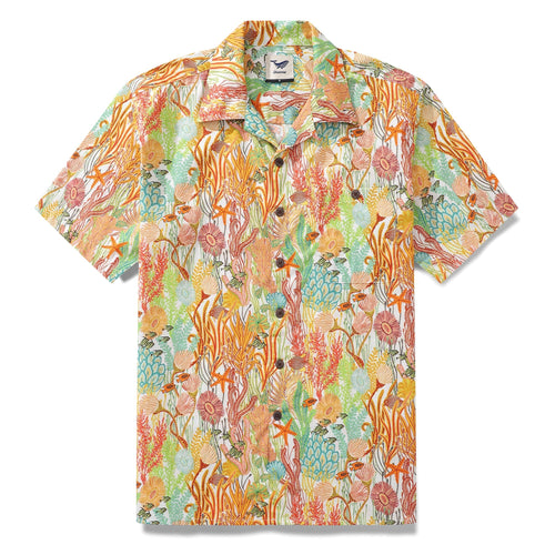 Castlebeard 100% Cotton Fish Shirts Orange Hawaiian Shirt For Men Oceanic Camp Collar Shirt By Cigar