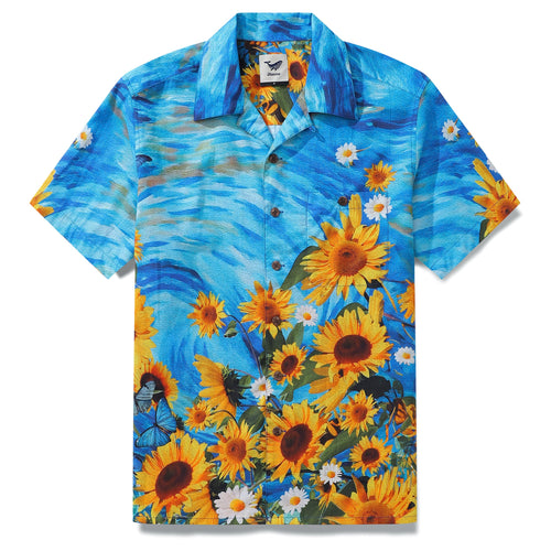 Castlebeard 100% Cotton Hawaiian Shirt For Men Sunflowers Growing Wild Camp Collar Shirt By Sun