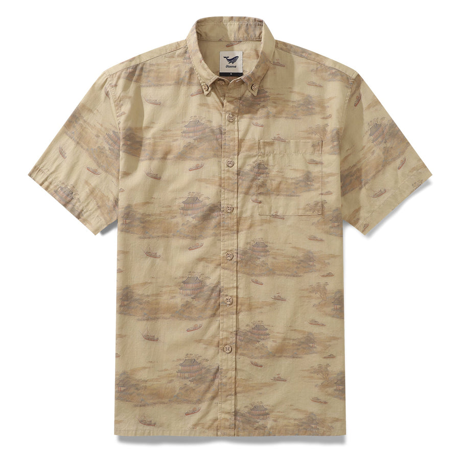 Castlebeard 1920s Vintage Men's Hawaiian Shirt Serenity along the Riverbank Cotton Button-down Short Sleeve Aloha Shirt By Cigar