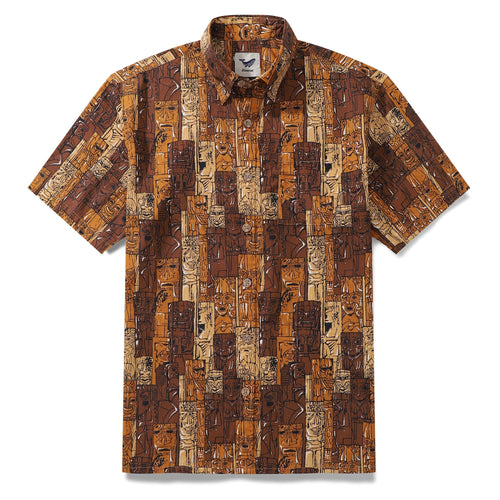 Castlebeard 1940s Hawaiian Shirt For Men TIKI Print Cotton Button Down Short Sleeve Aloha Shirt By Sun