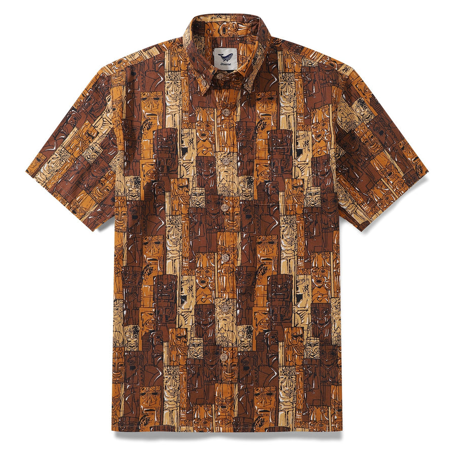 Castlebeard 1940s Hawaiian Shirt For Men TIKI Print Cotton Button Down Short Sleeve Aloha Shirt By Sun