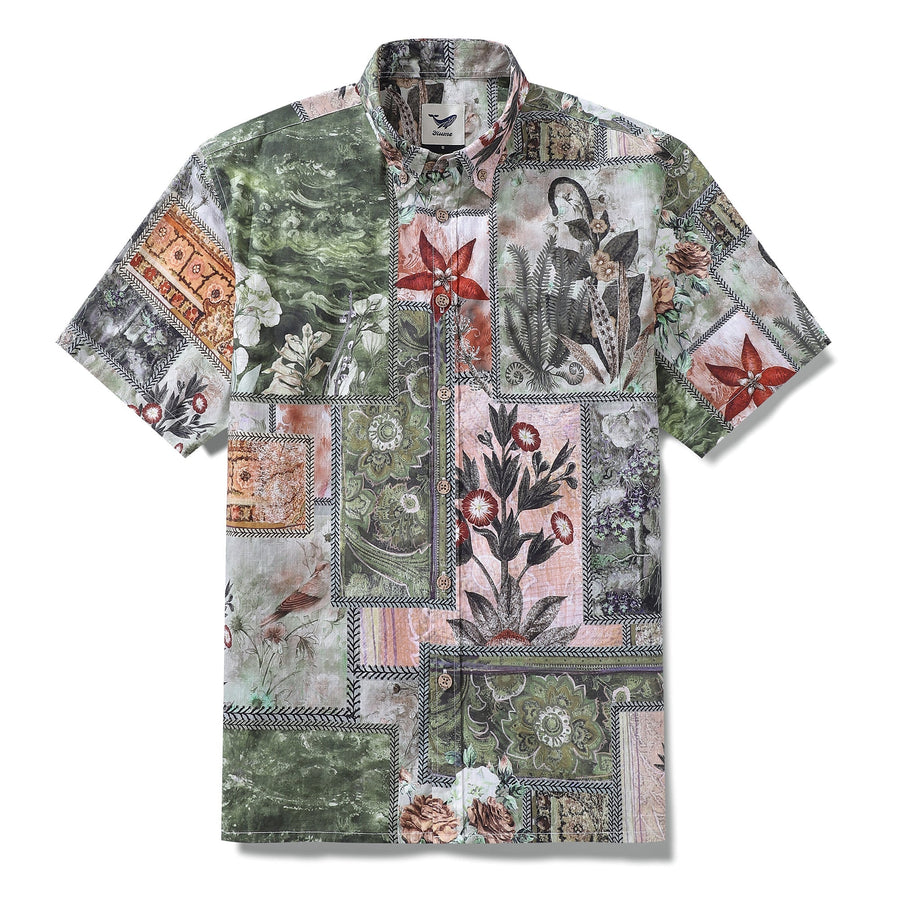 Castlebeard 1940s Vintage Men's Hawaiian Shirt Patchwork Memories Print Cotton Button-down Short Sleeve Aloha Shirt By Sylvia