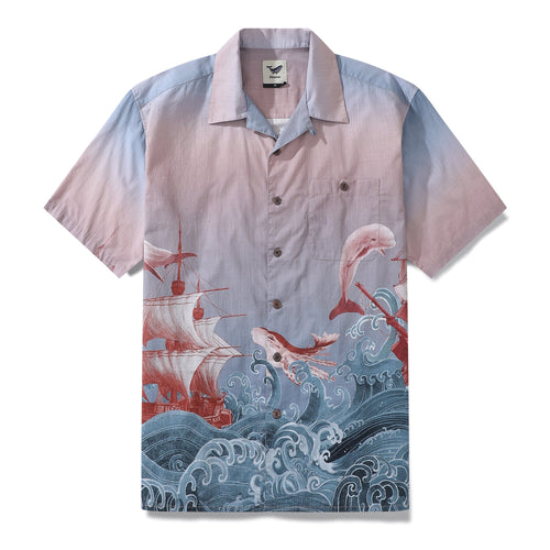 Castlebeard 1950s Vintage Hawaiian Shirt For Men Navigation Shirt Camp Collar 100% Cotton By Sylvia