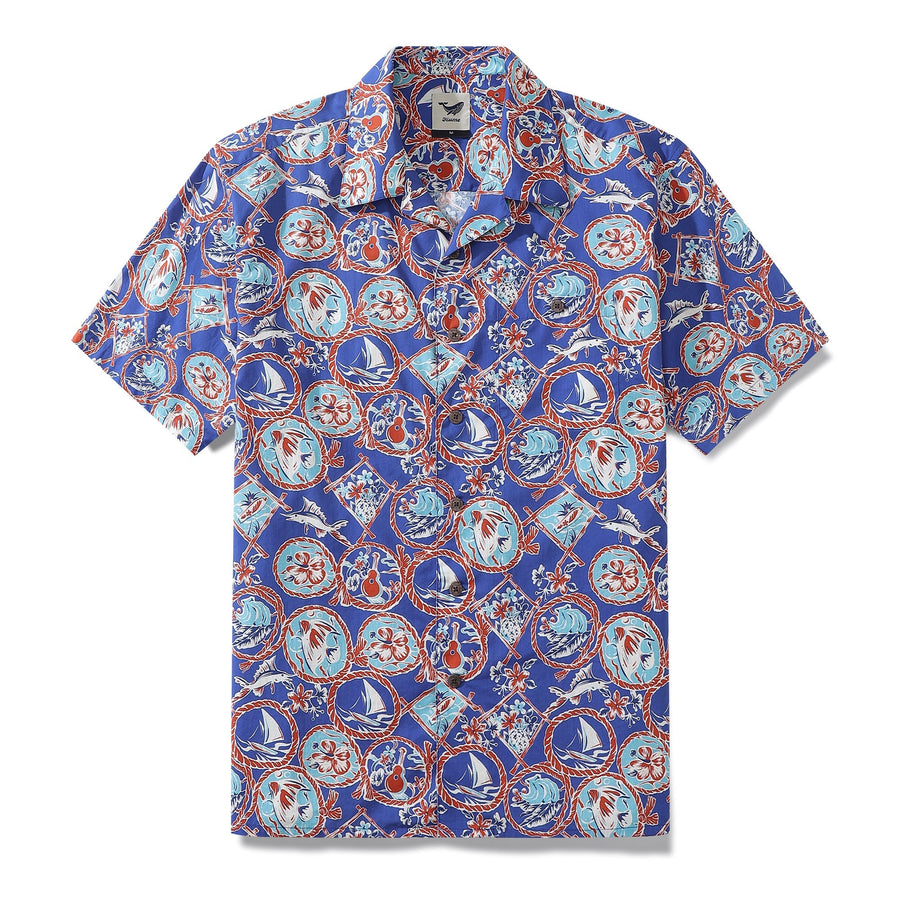 Castlebeard 1960s Vintage Hawaiian Shirt For Men Table Time Shirt Camp Collar 100% Cotton By Evan