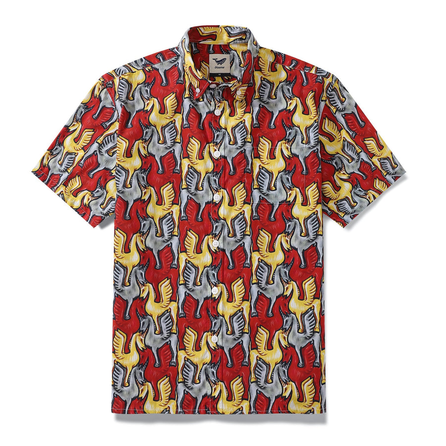 Castlebeard 1980s Vintage Men's Hawaiian Shirt Unicorn Print Cotton Button-down Short Sleeve Aloha Shirt