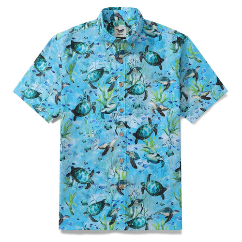 Castlebeard Blue Hawaiian Shirt For Men Short Sleeve Ocean Sonata Shirt Button-down Cotton Shirt By Seven