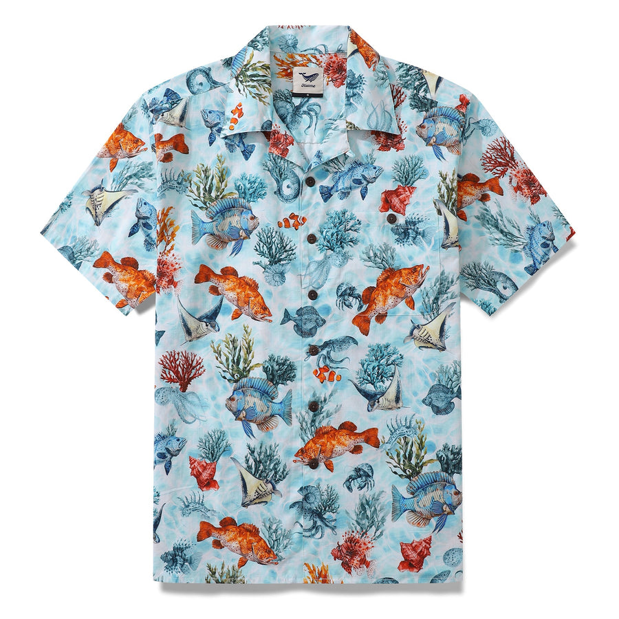 Castlebeard Bluey Hawaiian Shirt For Men Fish Shirt Camp Collar 100% Cotton Shirt By Sun