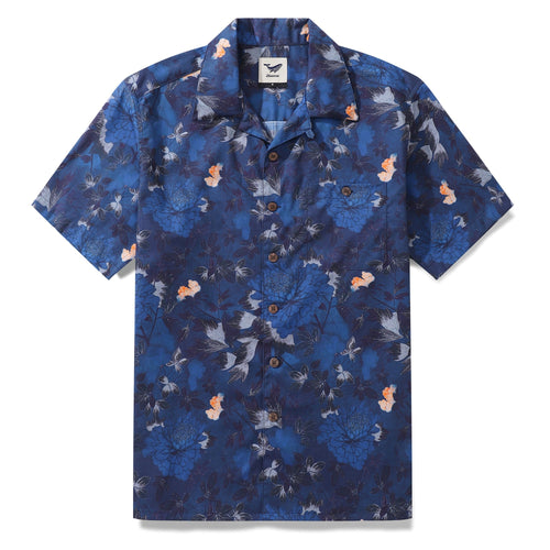 Castlebeard Dark Blue Hawaiian Shirt For Men Peony Shirt Camp Collar 100% Cotton Shirt By Seven