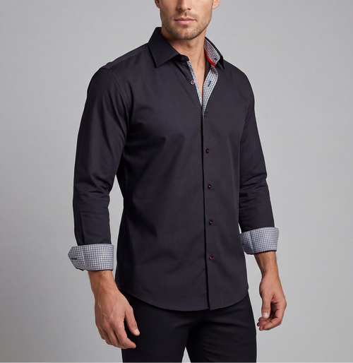 Castlebeard Donny// Cotton Knit-Stretch Button-Up Shirt With Contrast Details // Black // Tailored Fit (Fitted)