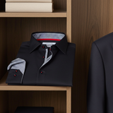 Castlebeard Donny// Cotton Knit-Stretch Button-Up Shirt With Contrast Details // Black // Tailored Fit (Fitted), view 5