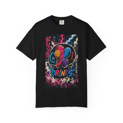 Castlebeard Drinks Skull Graphic T-Shirt โ Neon Vaporwave Japanese Streetwear