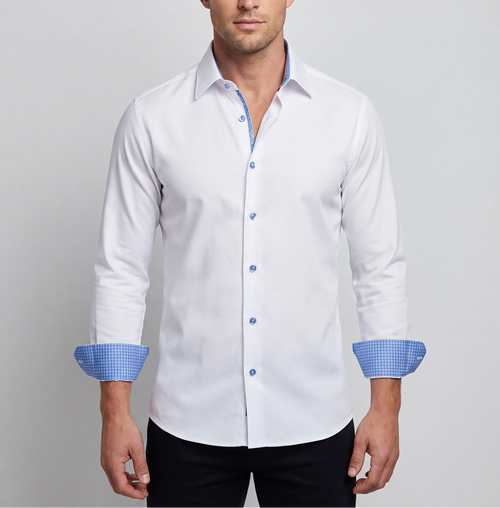 Castlebeard Edward// // Cotton Knit-Stretch Button-Up Shirt With Contrast Details // White // Tailored Fit (Fitted)