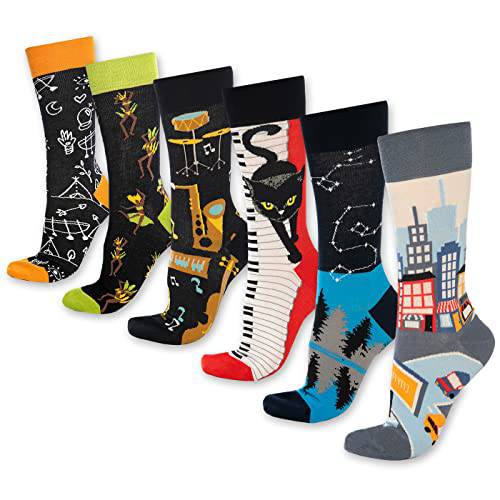 Castlebeard Fun Crew Socks 6-Pack, Cats & Music Mix