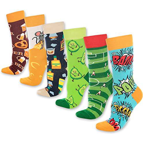 Castlebeard Fun Crew Socks 6-Pack, Cheese & Comics Mix