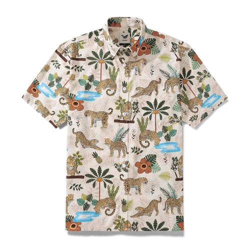 Castlebeard Funky Hawaiian Shirt For Men Adventure of the Jaguar Print Button Down Shirt By Julia Madoka