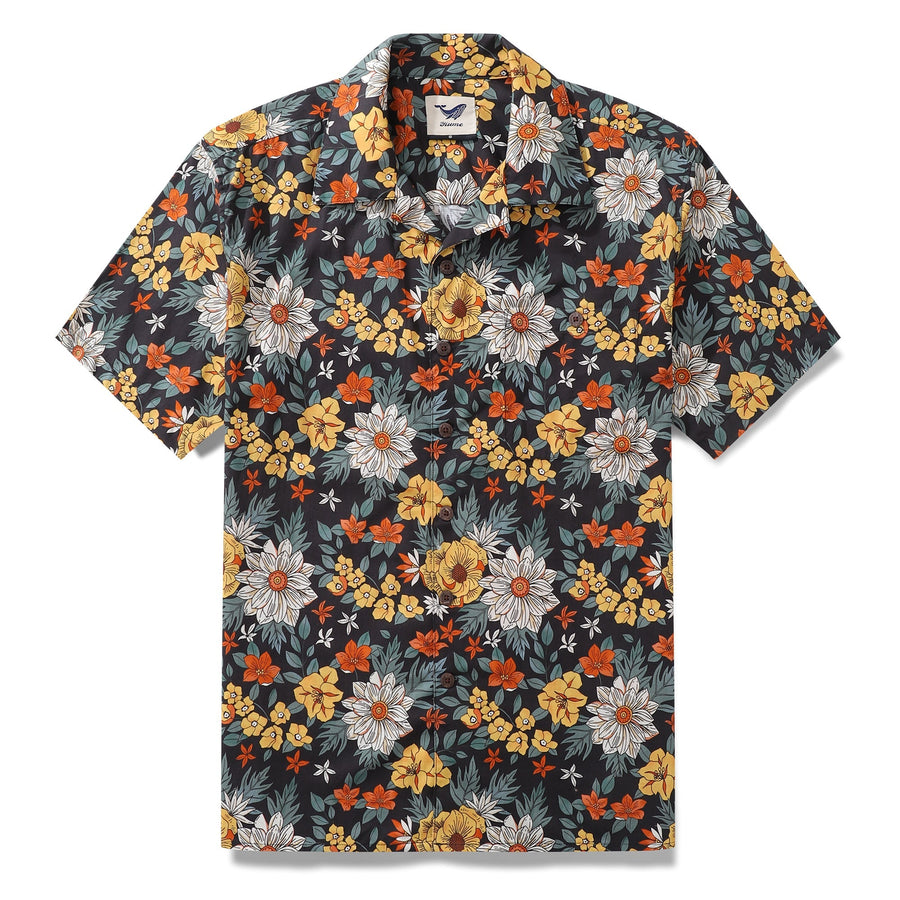 Castlebeard Hawaiian Shirt For Men Autumn Garden Print Shirt Camp Collar 100% Cotton By Sherry