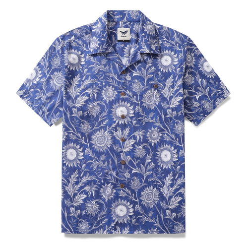 Castlebeard Hawaiian Shirt For Men Blue and White Porcelain Sunflower Camp collar Short Sleeve 100% Cotton Shirt By Sun