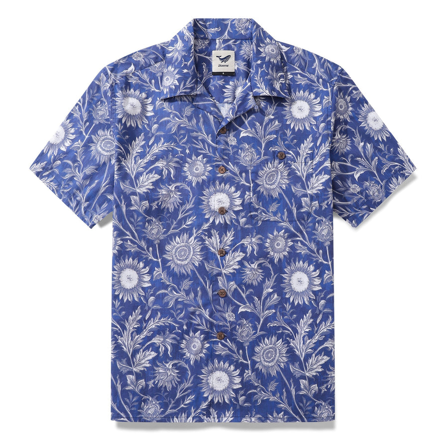 Castlebeard Hawaiian Shirt For Men Blue and White Porcelain Sunflower Camp collar Short Sleeve 100% Cotton Shirt By Sun