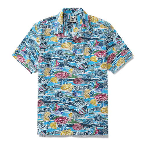Castlebeard Hawaiian Shirt For Men Colored Fish Shirt Camp Collar 100% Cotton By Amy