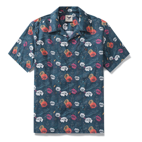 Castlebeard Hawaiian Shirt For Men Cranes Over Flowers By Véronique Shirt Camp Collar 100% Cotton