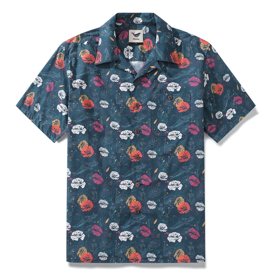 Castlebeard Hawaiian Shirt For Men Cranes Over Flowers By Véronique Shirt Camp Collar 100% Cotton