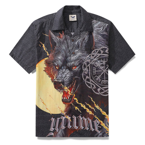 Castlebeard Hawaiian Shirt For Men Fenrir Print Shirt Camp Collar 100% Cotton By Cigar