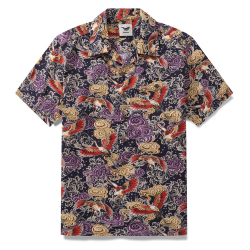 Castlebeard Hawaiian Shirt For Men Lonely Clouds and Free Cranes Print Shirt Camp Collar 100% Cotton By Yakima