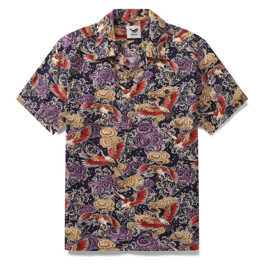 Castlebeard Hawaiian Shirt For Men Lonely Clouds and Free Cranes Print Shirt Camp Collar 100% Cotton By Yakima
