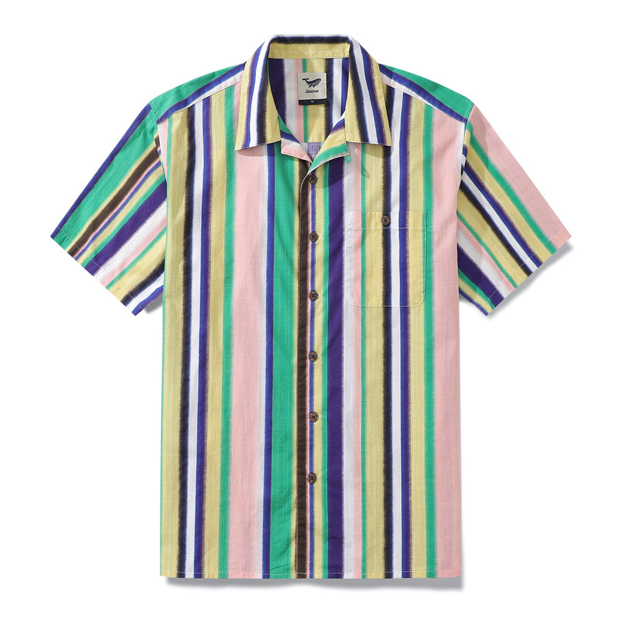Castlebeard Hawaiian Shirt For Men Rainbow Stripe Shirt Camp Collar 100% Cotton By Amy