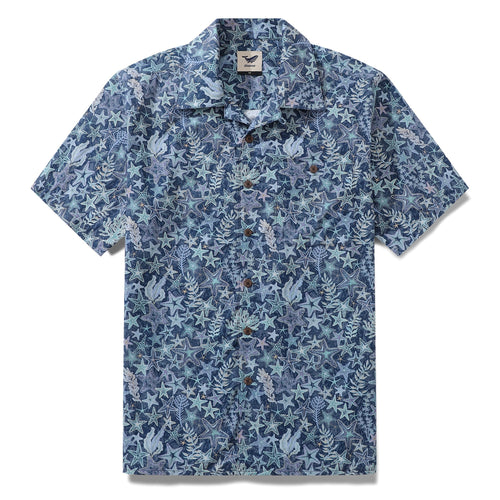 Castlebeard Hawaiian Shirt For Men Sea Stars and Coral Shirt Camp Collar 100% Cotton By Sherry