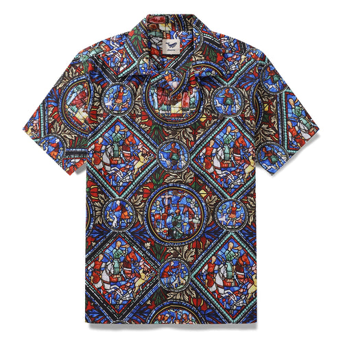 Castlebeard Hawaiian Shirt For Men Stained Glass Window Print Shirt Camp Collar 100% Cotton Shirt By Sherry