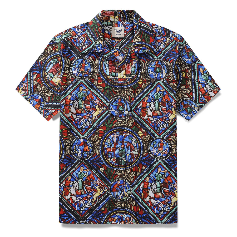 Castlebeard Hawaiian Shirt For Men Stained Glass Window Print Shirt Camp Collar 100% Cotton Shirt By Sherry