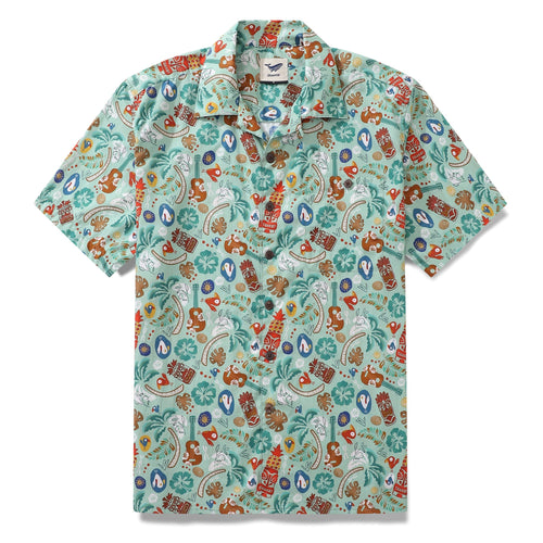 Castlebeard Hawaiian Shirt For Men TIKI Fiesta Print Shirt Camp Collar 100% Cotton By Sherry