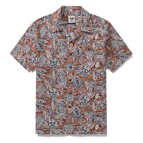 Castlebeard Hawaiian Shirt For Men Tiki Totem Vintage Shirt Camp Collar 100% Cotton By Sun