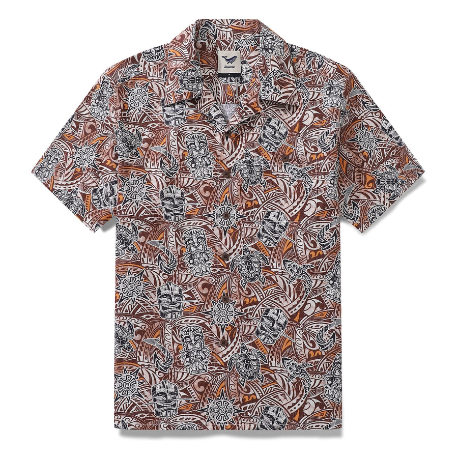 Castlebeard Hawaiian Shirt For Men Tiki Totem Vintage Shirt Camp Collar 100% Cotton By Sun