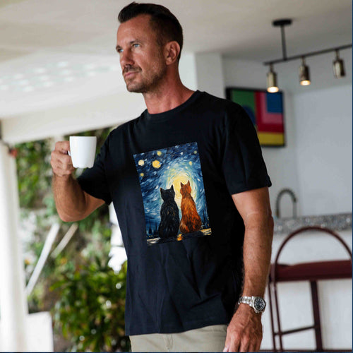 Castlebeard Hawaiian Tee For Men Cats In Love Van Gogh Tee Crew Neck 100% Cotton - BLACK By Shawn