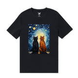 Castlebeard Hawaiian Tee For Men Cats In Love Van Gogh Tee Crew Neck 100% Cotton - BLACK By Shawn, view 3
