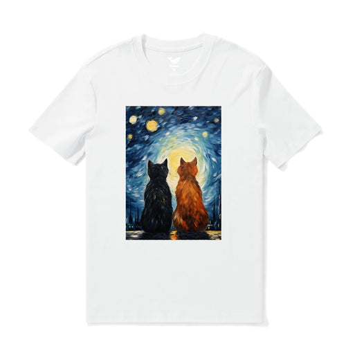 Castlebeard Hawaiian Tee For Men Cats In Love Van Gogh Tee Crew Neck 100% Cotton - WHITE By Shawn