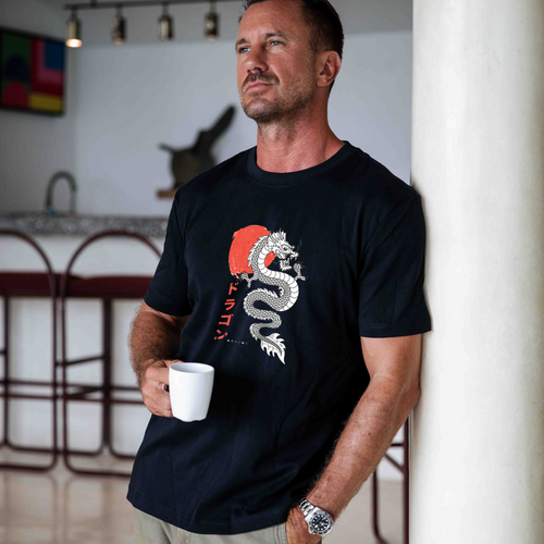 Castlebeard Hawaiian Tee For Men Dragon Dance Tee Crew Neck 100% Cotton - BLACK By Shawn