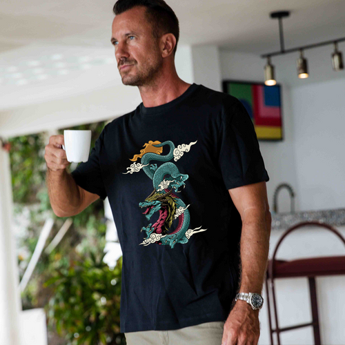 Castlebeard Hawaiian Tee For Men Dragon Soars Tee Crew Neck 100% Cotton - BLACK By Shawn