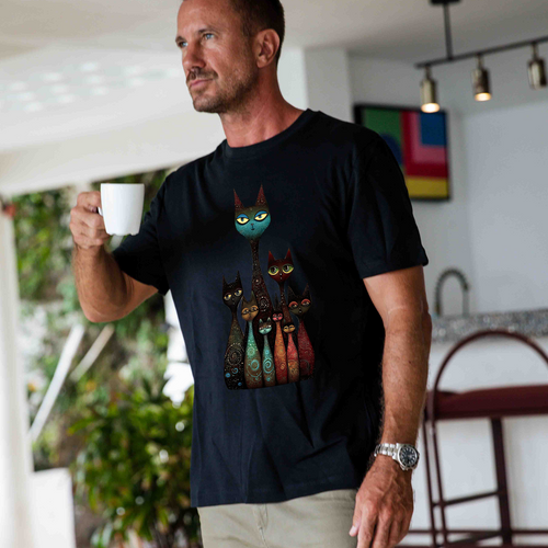 Castlebeard Hawaiian Tee For Men Happy Cats Tee Crew Neck 100% Cotton - BLACK By Shawn