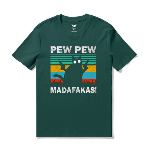 Castlebeard Hawaiian Tee For Men Pew Pew Madafakas Cat Tee Crew Neck 100% Cotton - DARK GREEN By Shawn