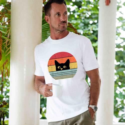 Castlebeard Hawaiian Tee For Men Retro Cute Cat Tee Crew Neck 100% Cotton - WHITE By Shawn
