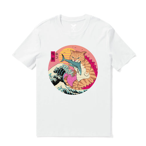 Castlebeard Hawaiian Tee For Men Super CatZilla Tee Crew Neck 100% Cotton - WHITE By Shawn