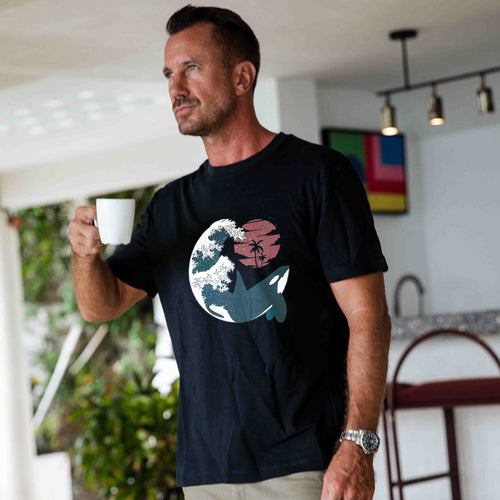 Castlebeard Hawaiian Tee For Men The Killer Wave Tee Crew Neck 100% Cotton - BLACK By Shawn