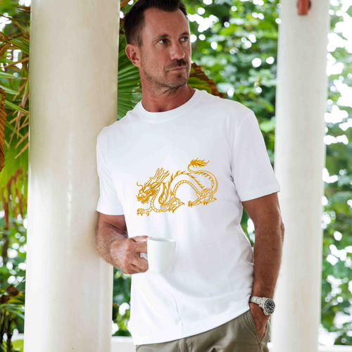 Castlebeard Hawaiian Tee For Men The Year of the Dragon Tee Crew Neck 100% Cotton - WHITE By Shawn