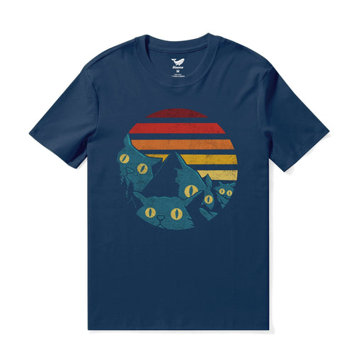 Castlebeard Hawaiian Tee For Men Vintage Vibes Cat Tee Crew Neck 100% Cotton - NAVY BLUE