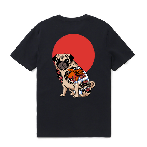 Castlebeard Hawaiian Tee For Men Yakuza Pug Tee Crew Neck 100% Cotton - BLACK By Shawn