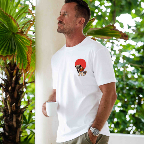 Castlebeard Hawaiian Tee For Men Yakuza Pug Tee Crew Neck 100% Cotton - WHITE By Shawn