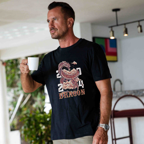 Castlebeard Hawaiian Tee For Men Year of the Dragon 2024 Tee Crew Neck 100% Cotton - BLACK By Shawn